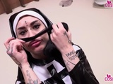 
           Horny tattoed Italian nun Denise takes off her pantyhose after getting horny, all the time talking t 
        